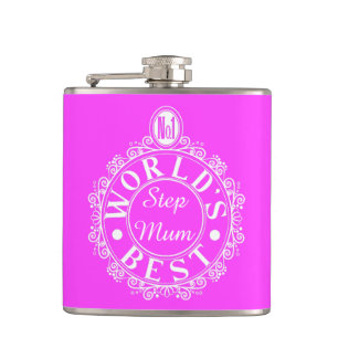 No.1 World’s Best Step Mum Classic White on pink Hip Flask