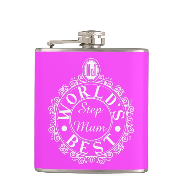 No.1 World’s Best Step Mum Classic White on pink Hip Flask (Front)