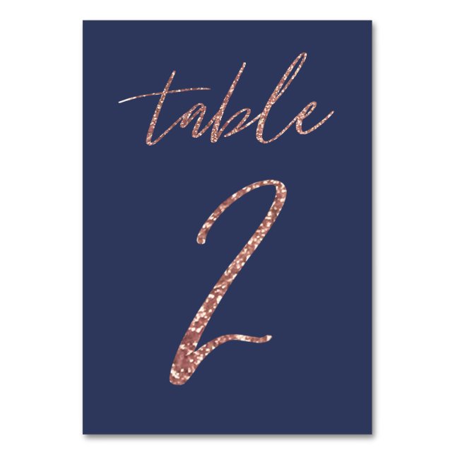 No, 2 - Glam Glitter Rose Gold and Blue Wedding Table Number (Front)
