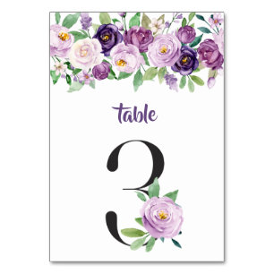 No. 3 Purple & Lavender Watercolor Roses Table Number
