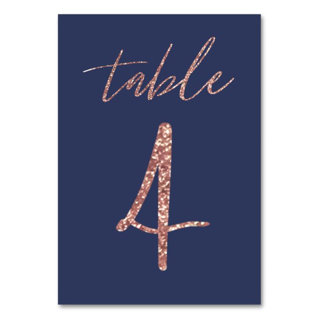 No, 4 - Glam Glitter Rose Gold and Blue Wedding Table Number (Front)