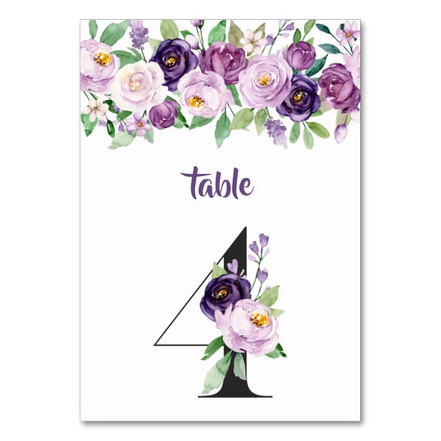 No. 4 Purple & Lavender Watercolor Roses Table Number (Front)