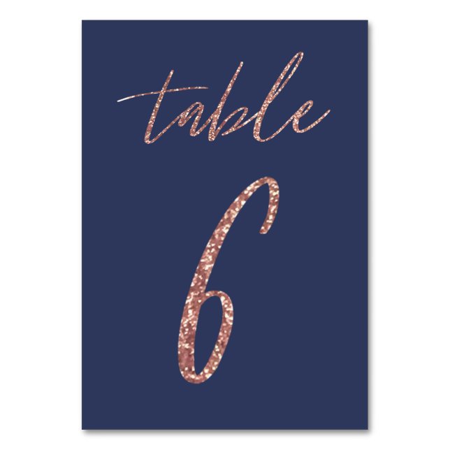 No. 6 - Glam Glitter Rose Gold and Blue Wedding Table Number (Front)