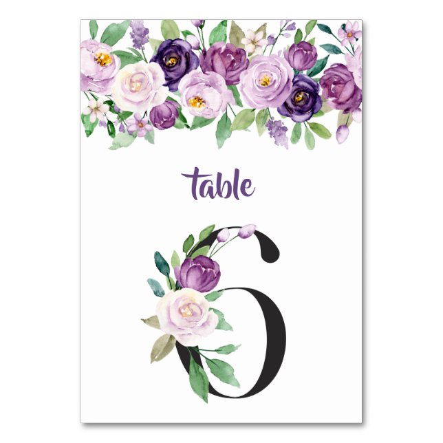 No. 6 Purple & Lavender Watercolor Roses Table Number (Front)