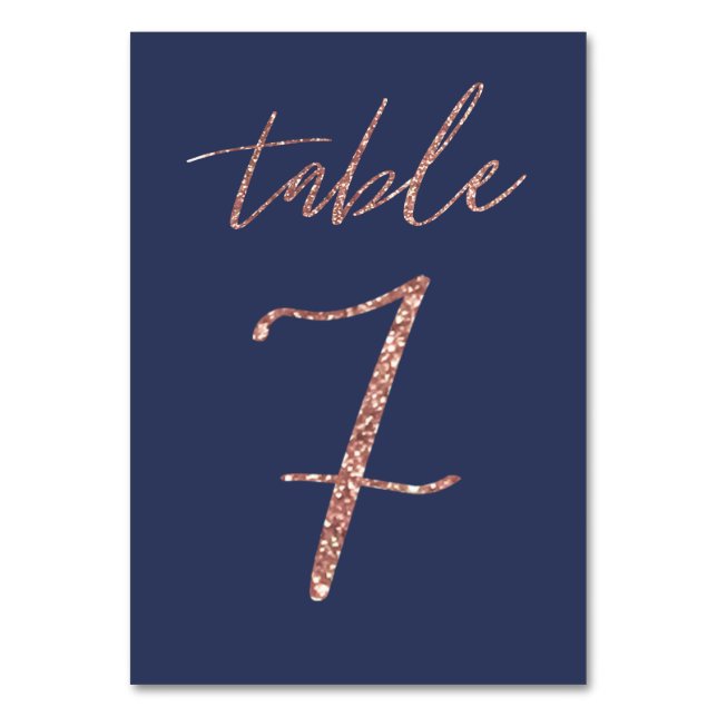 No. 7 - Glam Glitter Rose Gold and Blue Wedding Table Number (Front)