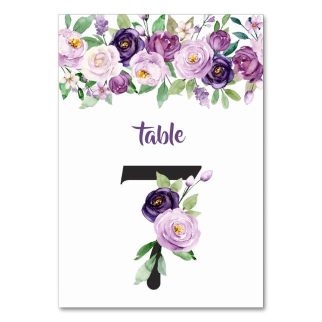 No. 7 Purple & Lavender Watercolor Roses Table Number (Front)