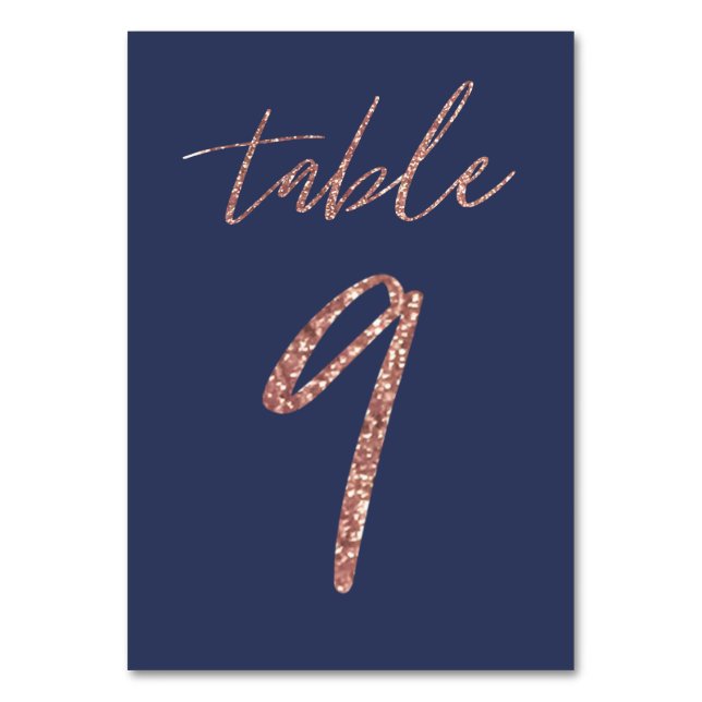 No. 9 - Glam Glitter Rose Gold and Blue Wedding Table Number (Front)