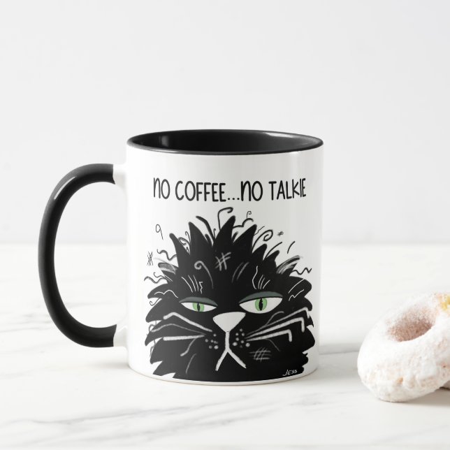 No Coffee No Talkie Tired Black Mad Cat Funny Mug (With Donut)
