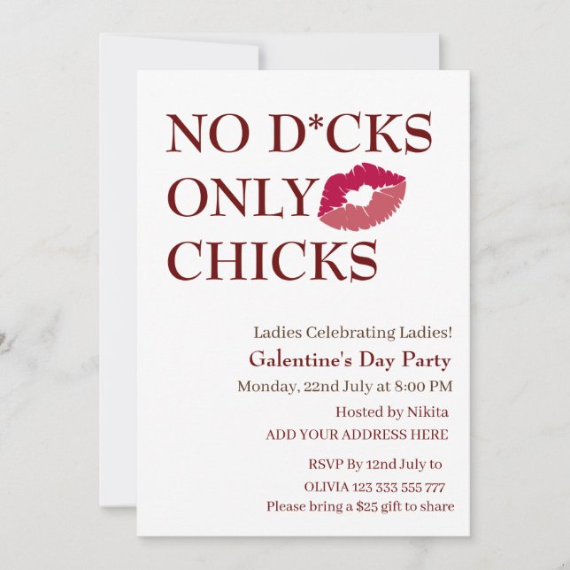 No D*cks Only Chicks Galentine's Day Ladies Night  Invitation (Front)