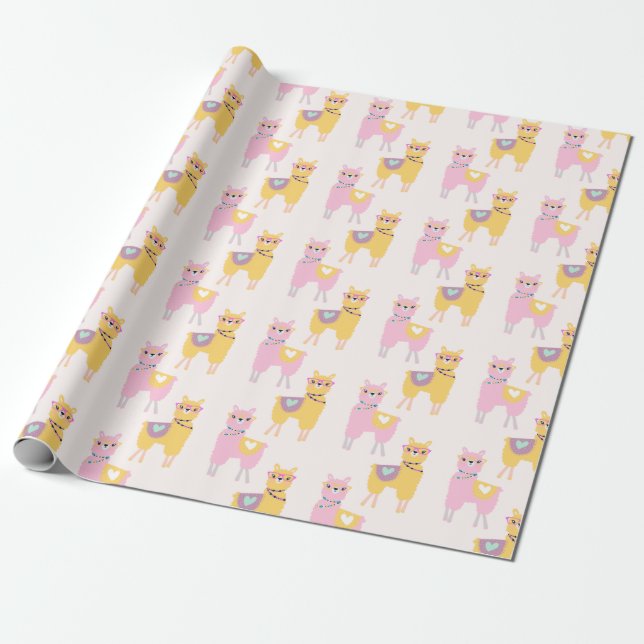 No Drama Llama Cute Pink Yellow Pattern Wrapping Paper (Unrolled)