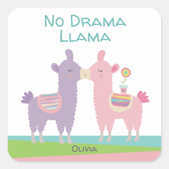 No Drama Llama Pink Purple Turquoise Name School Square Sticker (Front)
