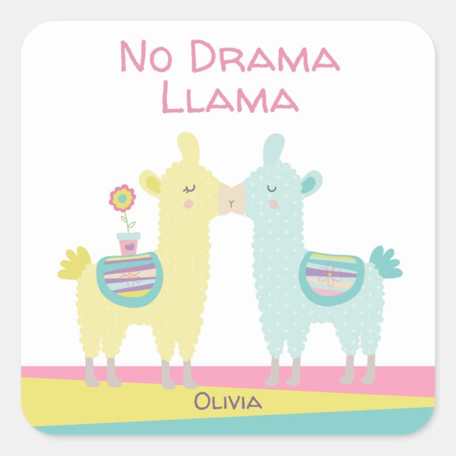 No Drama Llama Pink Yellow Turquoise Name School Square Sticker (Front)