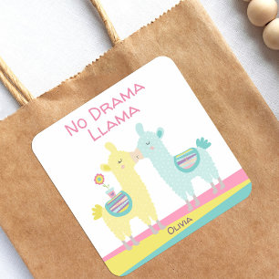 No Drama Llama Pink Yellow Turquoise Name School Square Sticker
