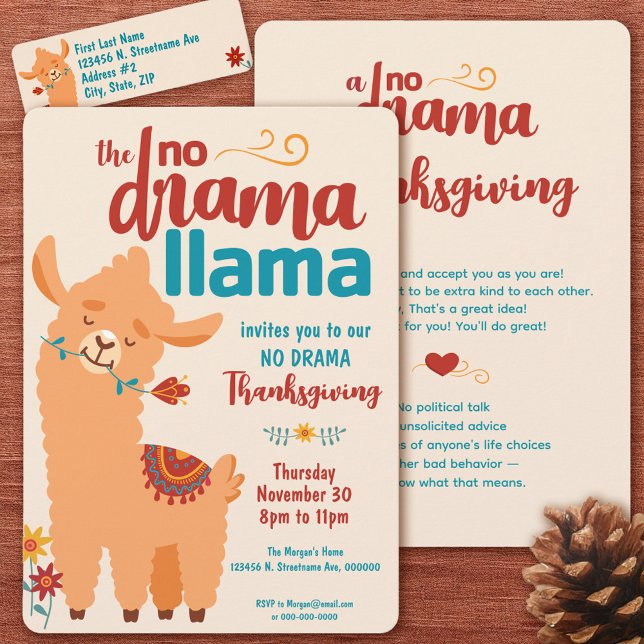 No Drama Llama Thanksgiving Cream Invitation Postcard (Creator Uploaded)