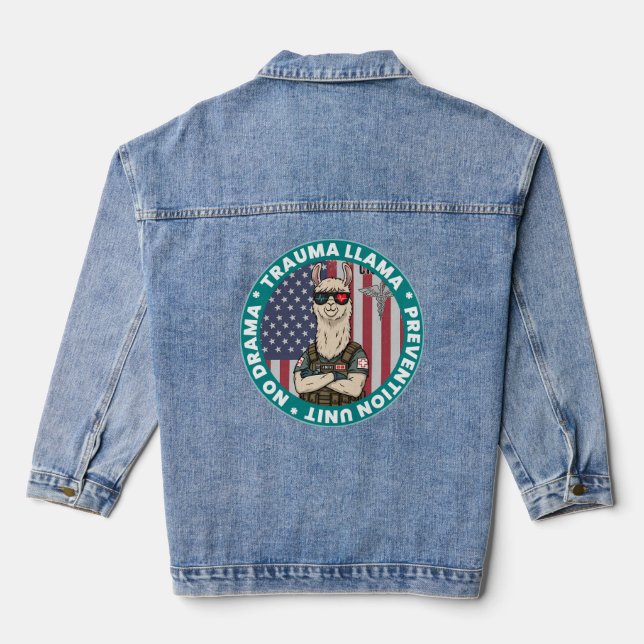 No Drama Trauma Llama Nurse Funny EMS  Gift Denim Jacket (Back)