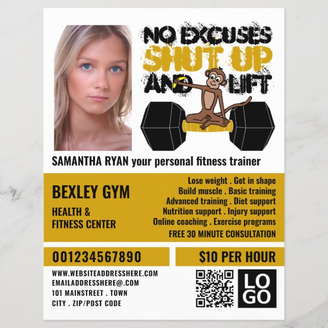 No Excuses Monkey, Personal trainer, Gym Advert Flyer (Front)