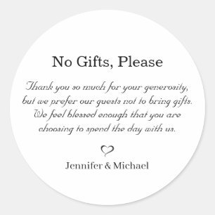 no gifts please, note on wedding gifts minimal classic round sticker