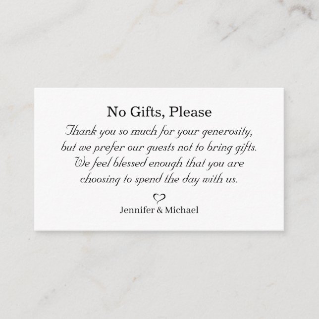 no gifts please, note on wedding gifts minimalist enclosure card (Front)