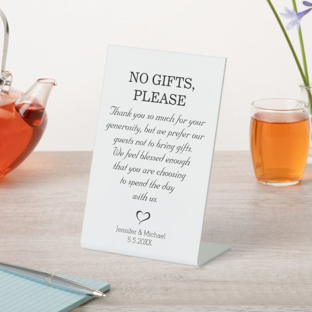 no gifts please,  wedding minimalist simple pedestal sign (In SItu)
