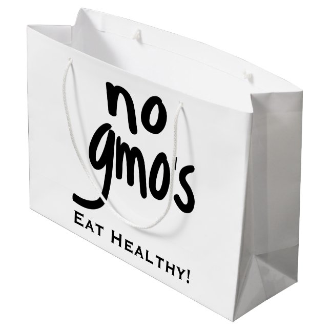 No GMO's Eat Healthy Black on White Large Gift Bag (Back Angled)