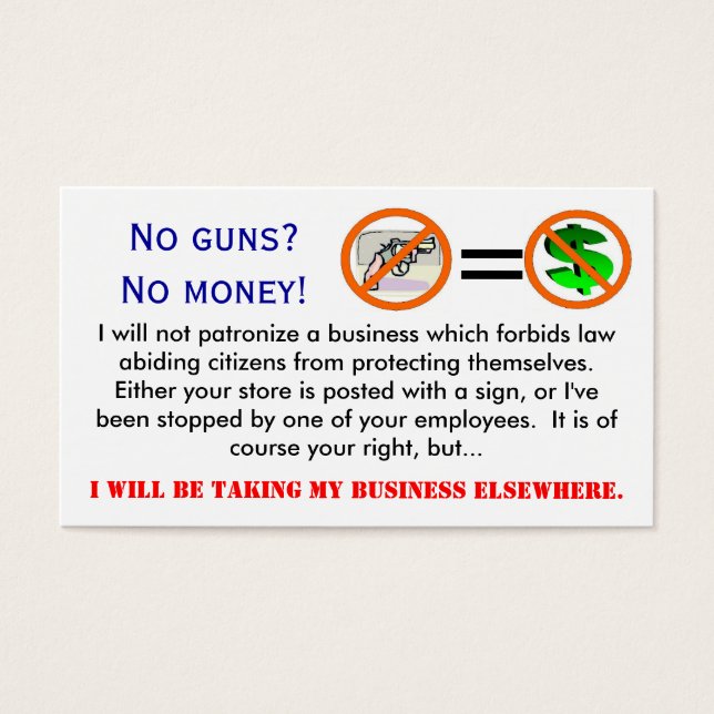 No guns = No money business card (Front)