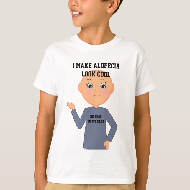 "No Hair, Don't Care" Little Boy with Alopecia T-Shirt (Front)