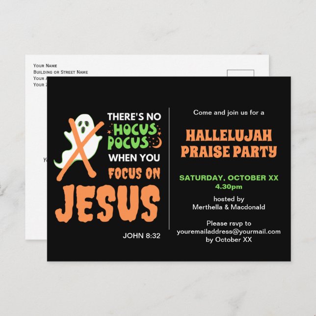 NO HOCUS POCUS Christian Halloween Invitation Postcard (Front/Back)