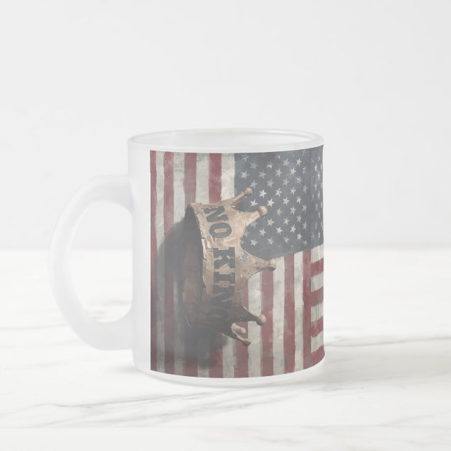 No King – Distressed Crown with American Flag Frosted Glass Coffee Mug (Left)