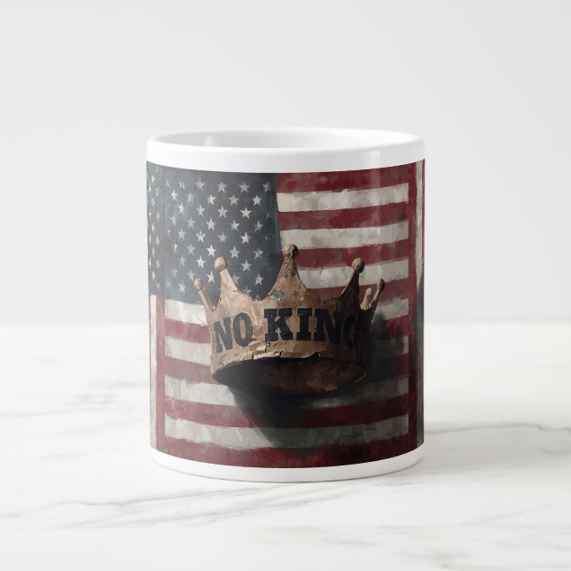No King – Distressed Crown with American Flag Large Coffee Mug (Front)
