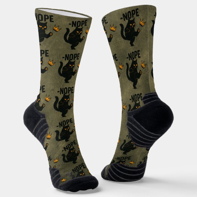 No Kings In America Black Cat Funny Kicking Crown Socks (Angled)