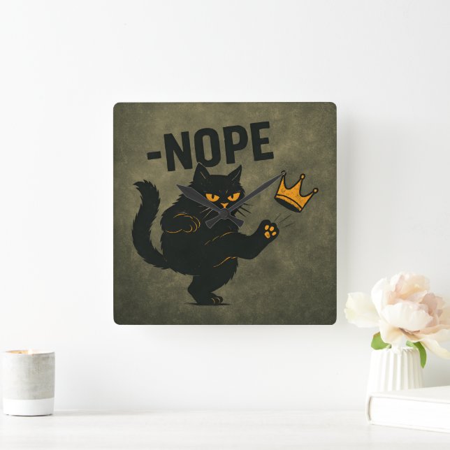 No Kings In America Black Cat Funny Kicking Crown Square Wall Clock (Home)