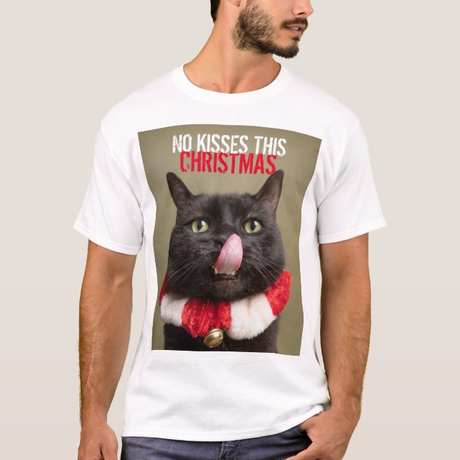 No Kisses This Christmas Funny Cat Tongue T-Shirt (Front)