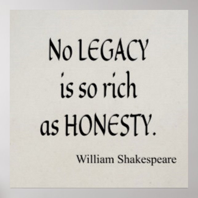 "No legacy is so rich as honesty." Shakespeare Poster (Front)