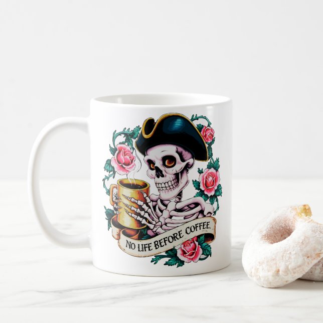 No Life Before Coffee Funny Skeleton Mug (With Donut)