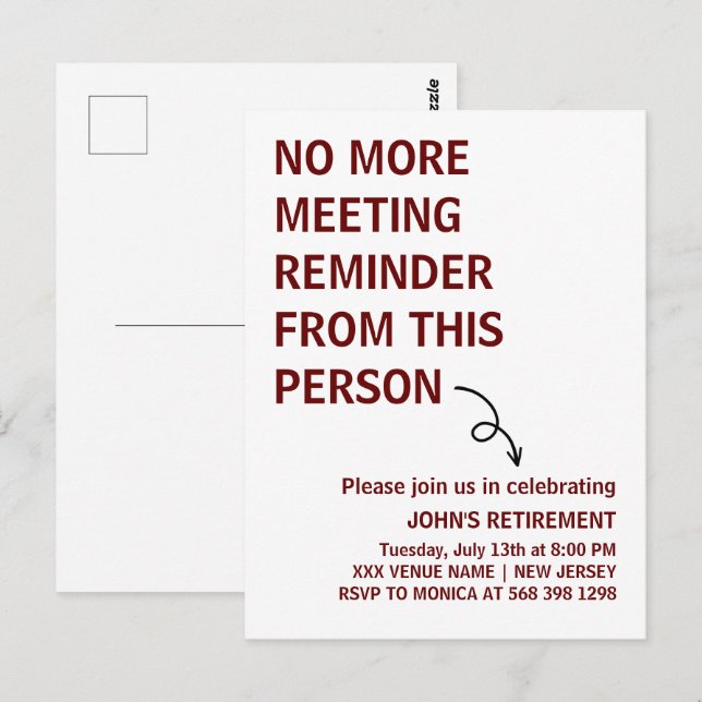 NO MORE MEETING REMINDER FROM THIS PERSON FUNNY  POSTCARD (Front/Back)