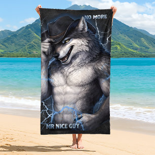No More Mr Nice Guy Funny Alpha Wolf Meme Brainrot Beach Towel