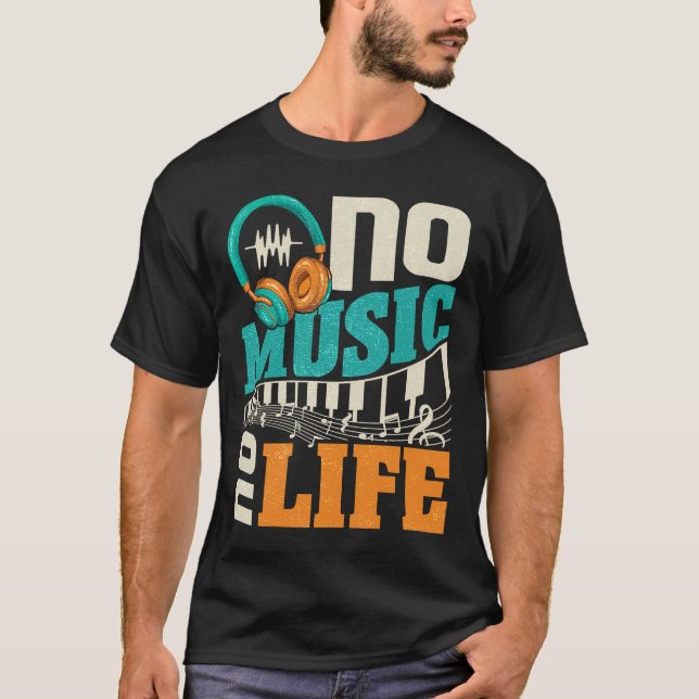 No Music No Life with Headphones Heartbeat Musical T-Shirt (Front)
