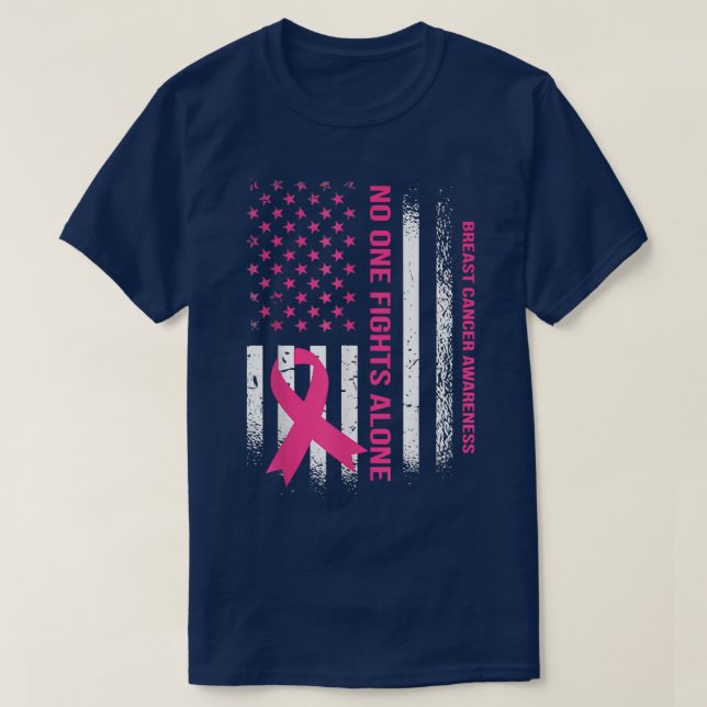 No One Fights Breast Cancer Alone USA Flag Pink Ri T-Shirt (Design Front)