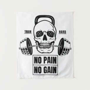 No Pain No Gain Barbell and Skull Tapestry