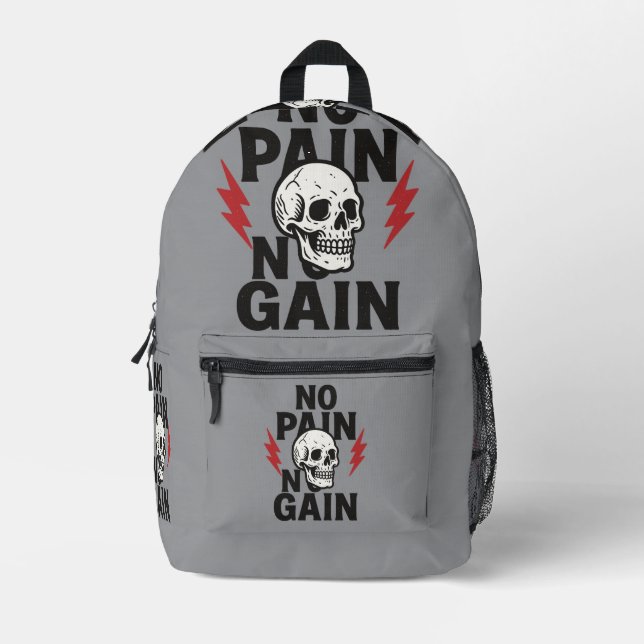 No Pain No Gain – Bold Skull and Lightning Graphic Printed Backpack (Front)