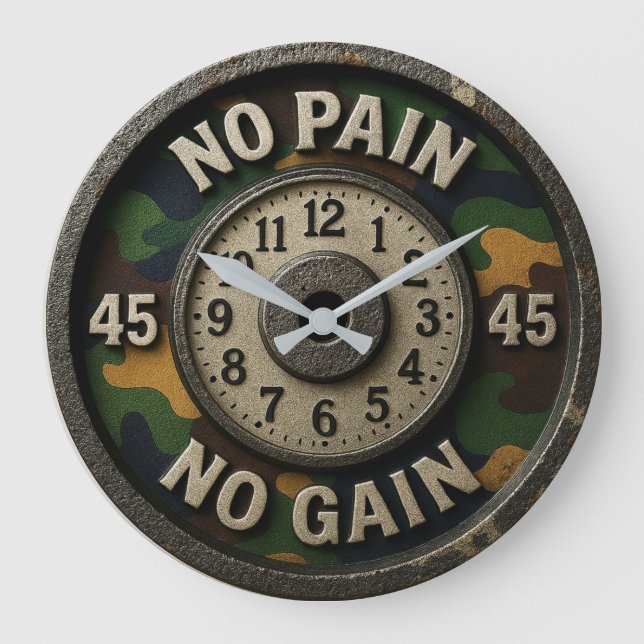 No pain no gain gym fitness motivation workout large clock (Front)