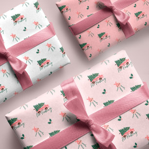 No Peeking Christmas Tree Vintage Pink Retro Van Wrapping Paper Sheet