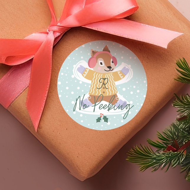 No Peeking Cute Woodland Squirrel Snow Angel Classic Round Sticker (No Peeking Cute Woodland Moose Snow Angel Classic Round Sticker)