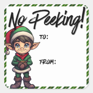 No Peeking Elf Christmas Label Green