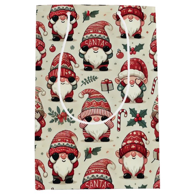No Peeking Illustrated Gnome Christmas Holiday Medium Gift Bag (Front)