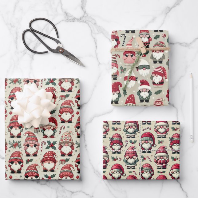 No Peeking Illustrated Gnome Christmas Holiday Wrapping Paper Sheet (Front)