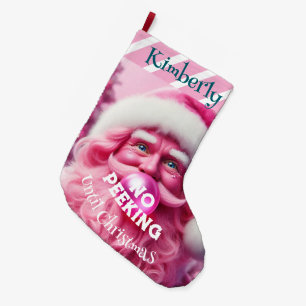 No Peeking Pink Bubble Gum Santa   Custom Name Large Christmas Stocking