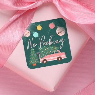 No Peeking Vintage Pink Christmas Van Green Square Sticker