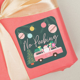 No Peeking Vintage Pink Christmas Van Santa Square Sticker