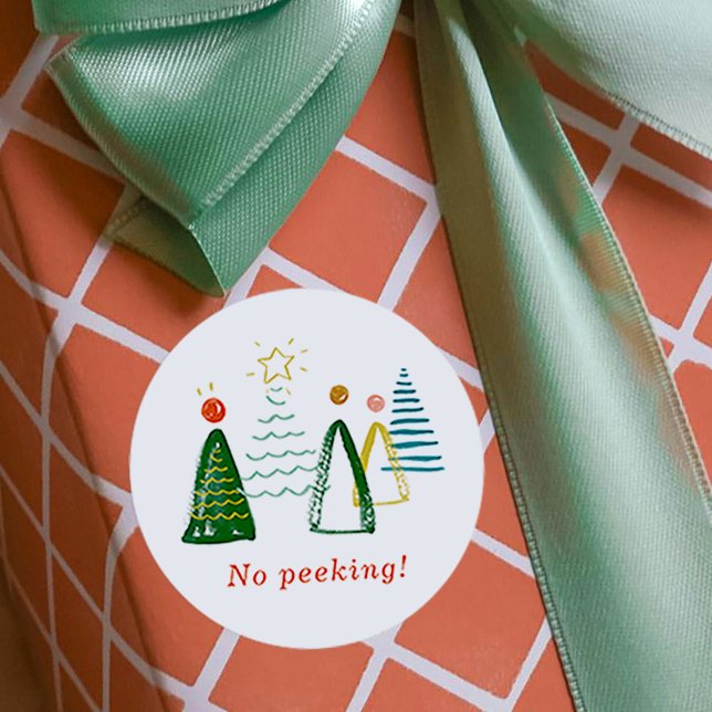 No Peeking Watercolor Christmas Trees Classic Round Sticker (No Peeking Watercolor Christmas Trees Classic Round Sticker)